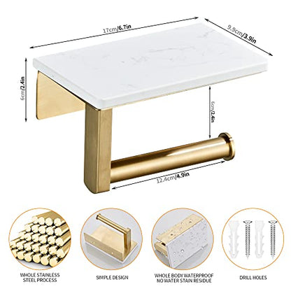 Brushed Gold Toilet Paper Holder with Marble-Look Shelf, Wall Mounted SUS304 Stainless Steel Toilet Roll Holder with Phone Storage - color: Brushed Gold