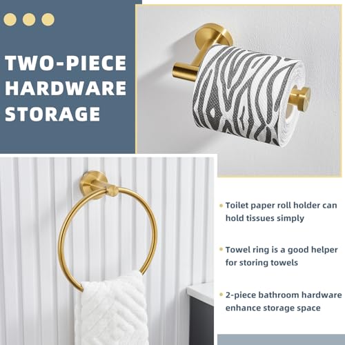 Brushed Gold Bathroom Accessories Set, 2-Piece, 304 Stainless Steel | Practical Bathroom Hardware Set for Bathroom Restroom Sink, Rotatable Towel Ring, Open-arm Toilet Paper Holder, Wall Mounted - color: Brushed Gold Round Shape