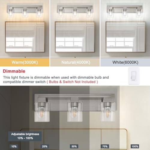 21.6 Inch Brushed Nickel Bathroom Light Fixtures, with Clear Glass Shade | 3-Light Bathroom Lighting Fixtures Over Mirror, Modern Wall Light, bathroom vanity light E26 Socket, ETL - color: Brushed Nickel, size: 3-Light