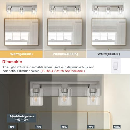 21.6 Inch Brushed Nickel Bathroom Light Fixtures, with Clear Glass Shade | 3-Light Bathroom Lighting Fixtures Over Mirror, Modern Wall Light, bathroom vanity light E26 Socket, ETL - color: Brushed Nickel, size: 3-Light