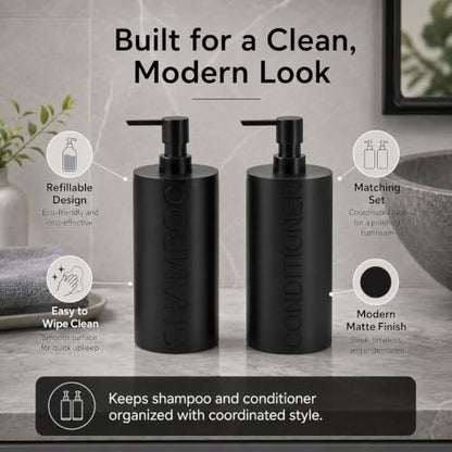 2-Pack Matte Black Resin Refillable Shampoo & Conditioner Bottles – Modern Bathroom Pump Dispenser Set, Durable Resin Shower Containers with Embossed Labels, Reusable Pump Bottle - color: 2pack Black Shampoo and Conditioner Set