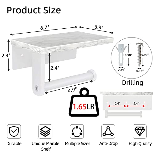 Gypie Toilet Paper Holder with Marble Shelf, Wall Mounted White | Stainless Steel, Tissue Roll Paper Holder Dispenser for Bathroom Washroom - color: White