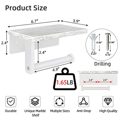 Gypie Toilet Paper Holder with Marble Shelf, Wall Mounted White | Stainless Steel, Tissue Roll Paper Holder Dispenser for Bathroom Washroom - color: White