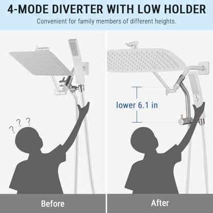 G-Promise 16 Inch All Metal Rain Shower Head with Handheld (Brushed Nickel) | Suits Every Height, Pause Mode Diverter, Massage Mode Handheld, Full Body Coverage, Easy to Install, Modern Bath Upgrade - color: Brushed Nickel, size: 16 Inch