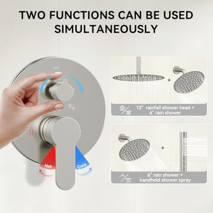 Shower Systems Shower Faucet Sets STARBATH 3 Way 12+6" Round Dual Rainfall Shower Head with Handheld Spray, Ceiling Mounted Rain Shower Valve with 5 Diverter and Trim Kit Complete, Brushed Nickel - color: Brushed Nickel, size: 6+12 inch-04