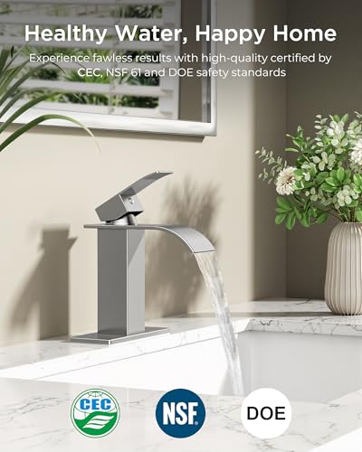 FORIOUS Bathroom Faucet 1 Hole, Waterfall Vanity Sink Faucet Brushed Nickel | Bathroom Sink Faucet 1 or 3 Hole, Square Single Handle with 24" cUPC Supply Line and Pop-up Drain, Fits RV Restroom Basin - color: Stainless Steel