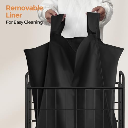 100L 2-Section Laundry Hamper with Wheels, Laundry Basket with Liner Bag | Lockable Casters; Divided Removable Liner; Reinforced Steel Frame; Metal Handle - color: Black, size: 100L-2 Sections