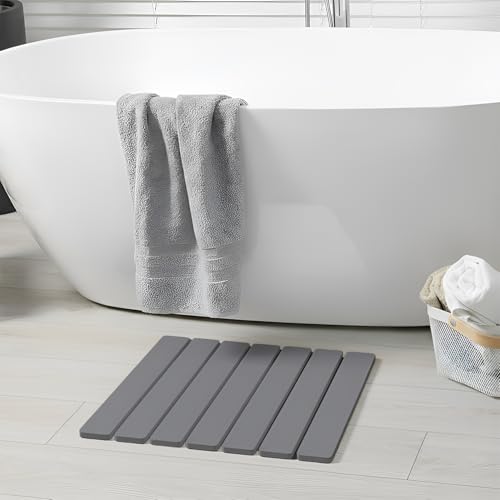 Meowoo Foldable Stone Bath Mat, 15.7"x11.8" Diatomaceous Earth Bath Mat, Non-Slip Quick Dry Bathroom Floor Mats, Super Absorbent, Easy to Clean, Stone Bathroom Floor Mats for Bathtub Front - Dark Gray - color: Dark Gray, size: 15.7"x11.8"