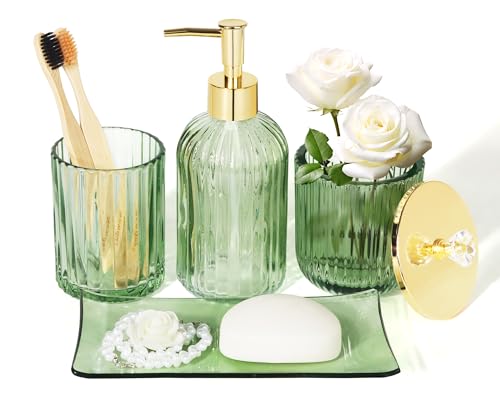 Designer Green Glass Bathroom Accessories Sets - 4 Pcs with Lotion Soap Dispenser, Bathroom Toothbrush Holder, Vanity Tray, and Apothecary Jar, Vintage Bathroom Decor - color: Glass Green