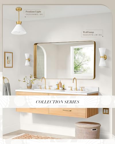 Gold Sconce Wall Lighting, HWH Single Wall Vanity Light Fixture Brushed Gold Wall Sconce Lamp, Modern Indoor Up Down Wall Light with Frosted Milk White Striped Glass Shade, 5HZG97B-2W BG - color: Brushed Gold, size: 2-Light