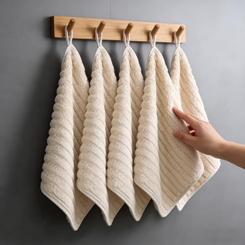 5pcs Hand Towel Set Super Absorbent Quick Dry Lint Free Hanging Loops 30x30cm for Bathroom Kitchen Travel Daily Use Home, Beige - color: Beige