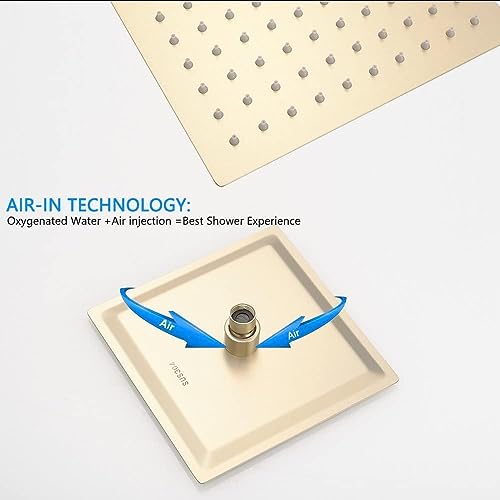 ‎Brushed Gold Shower System Bathroom 12 Inch Rain Shower Head Ceiling Mount with Handheld Luxury High Pressure Shower Combo Set Shower Faucet Rough-in Valve Body and Trim Kit - color: Brushed Gold, size: 12 Inch