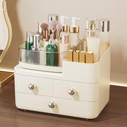 Makeup Organizer with Drawers and 360° Rotating Brush Holder,make up organizers for counter,Large Capacity Cosmetic Storage for Vanity,Skincare,Perfume