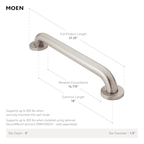 Moen Home Care Bathroom Safety 18 Inch Stainless Steel Handicap Grab Bar for Bathtub and Shower, Slip Resistant Finish, Elderly Assistance Product, Polished Brass, R8918P - color: Peened, size: 18 Inch