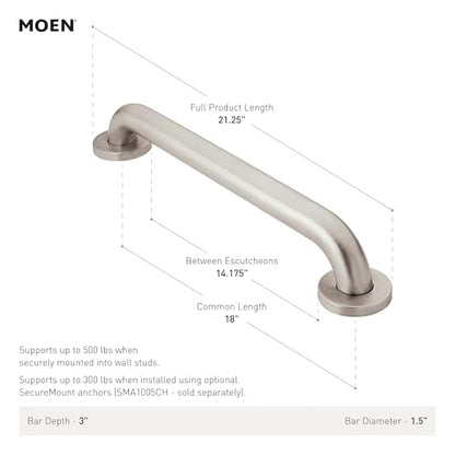 Moen Home Care Bathroom Safety 18 Inch Stainless Steel Handicap Grab Bar for Bathtub and Shower, Slip Resistant Finish, Elderly Assistance Product, Polished Brass, R8918P - color: Peened, size: 18 Inch