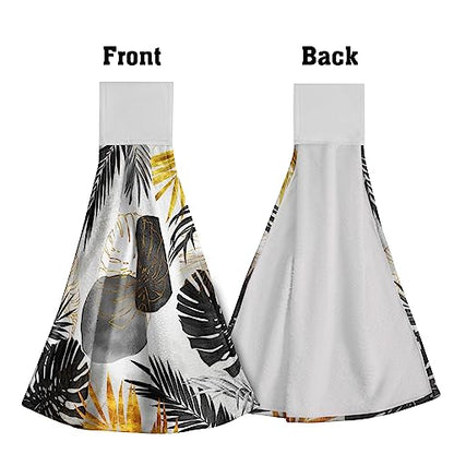 Giwawa Black and Gold Leaves Hanging Kitchen Towels 2 Pcs Tropical Palm Leaf Hand Towels Soft Tea Bar Dish Cloths Dry Towel for Bathroom Laundry - color: Black Gold Leaf
