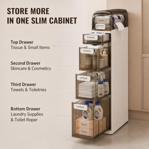 Slim Bathroom Storage Cabinet with Drawers – Narrow Waterproof Rolling Floor Organizer with Wheels, Space-Saving Gap Storage, No Assembly (5-Tier, 38.2" H) - size: 5-Tier, 38.2"H