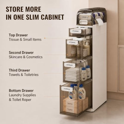 Slim Bathroom Storage Cabinet with Drawers – Narrow Waterproof Rolling Floor Organizer with Wheels, Space-Saving Gap Storage, No Assembly (5-Tier, 38.2" H) - size: 5-Tier, 38.2"H