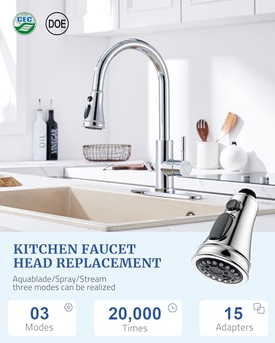 Kitchen Faucet Spray Head Replacement with 15 Adapters, 3-Function, Chrome | Pull Down Faucet Sprayer Head, Easy to Install, Compatible with Delta Moen Kohler, 3 Modes, for Kitchen Sink Faucet - color: Chrome