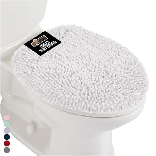 GORILLA GRIP Soft Chenille Bathroom Toilet Lid Cover, Machine Washable Seat Covers, 19.5x18.5, Stays in Place Rubber Backing, Fits Most Round, Elongated and Oblong Lids, Decor, Bright White - color: White, style: Chenille