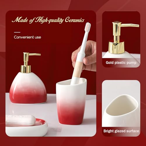 Bathroom Accessory Set, 4 Pcs White & Red Gradient Ceramic Bathroom Cabinet with Soap Dispenser Soap Dish Gargle Cup Toothbrush Holder, Fashion Bathroom Decor for Home Apartment Hotel (Red)
