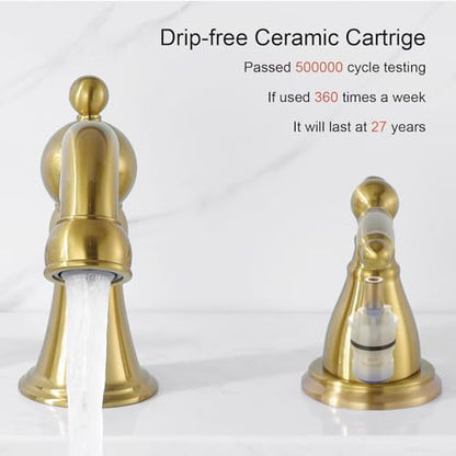 RKF Bathroom Faucets for Sink 3 Hole Gold 8 inch Widespread Bathroom Sink Faucet with Drain Double Lever Handle Faucet Bathroom Vanity Faucet Basin Mixer Tap WF013-BG - color: Gold