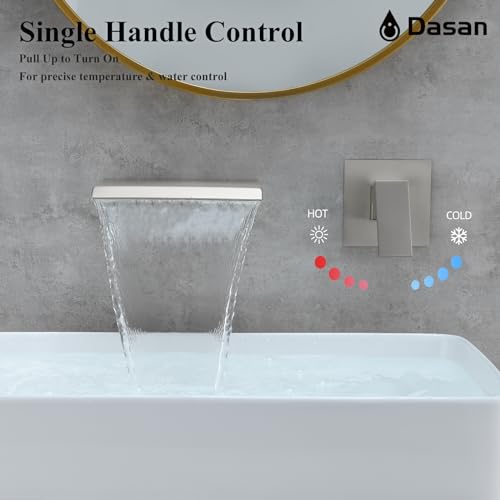 DASAN Wall Mount Waterfall Bathroom Faucet Brushed Nickel in Wall Sink Faucet, Single Handle Wall Mounted Modern Faucet for Bathroom with Upgraded Rough in Valve, DA-TFD3BN-NH - color: Brushed Nickel