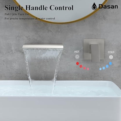 DASAN Wall Mount Waterfall Bathroom Faucet Brushed Nickel in Wall Sink Faucet, Single Handle Wall Mounted Modern Faucet for Bathroom with Upgraded Rough in Valve, DA-TFD3BN-NH - color: Brushed Nickel