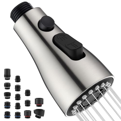 Kitchen Faucet Head Replacement, 15 Adapters, 3-Mode Pull Down Sprayer Head | 3 Functions Stream Spray Pause, Easy 5-Min Install, Pull Out Nozzle, Brushed Nickel, Compatible with Moen Delta Hansgrohe - color: Brushed Nickel