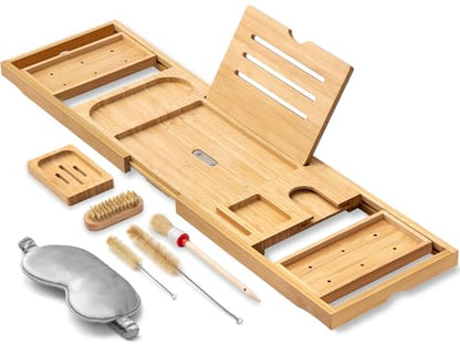 Bathtub Tray, Bamboo Bath Tray for Tub, Expandable Bath Tray with Bamboo Book Stand, Soap Tray, Bathtub & Bathroom Accessories Perfect for Home Spa, Natural Colour