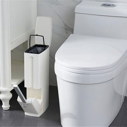 Rv Camper Trash Can Inside [Space Saving & Odor-Proof], Skinny Bathroom Trash Can and Toilet Brush Set, Ultra Slim Trash Can Bathroom with Lid, Small Garbage Can Tiny Trash Bin Built-in Bag Dispenser