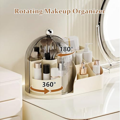 360 Rotating Makeup Organizer with Clear Dust Lid, Multi-compartment Perfume & Makeup Brush Holder, Large Capacity Vanity Desk Storage for Cosmetics, Skincare, Kitchen, Pantry, Bathroom Countertop