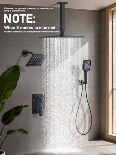 Woindo Shower Faucet Set, 10" Ceiling Mount Rainfall Shower System with 2 Rain Shower Head and Multi-function Handheld Head Push Button Diverter Shower Faucet Trim Kit - color: Matte Black, style: 10"-Ceiling-01