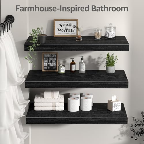 QEEIG 12" Deep Floating Shelves for Wall - 12 x 24 inch Book Shelf Bathroom Bedroom Kitchen Living Room Hanging Bookshelf Farmhouse Set of 3, Black (026-60B3) - color: B. Black, size: 23.6" x 12"