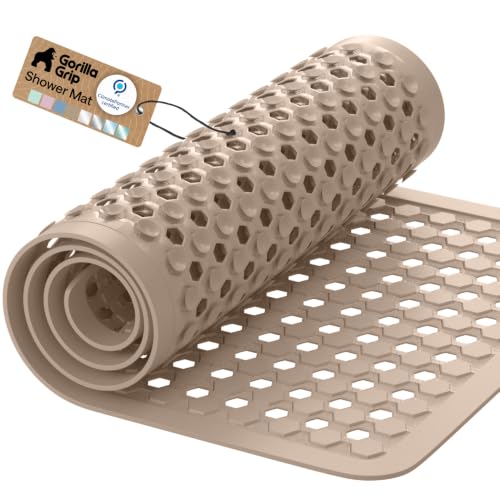 GORILLA GRIP Patented Bath Tub Shower Mat, Machine Washable Bathtub Floor Liner Mats, Suction Cups and Drain Holes to Keep Tubs Clean, Soft on Feet, Bathroom Essentials, 35x16 Inch, Beige - color: Beige (Opaque), size: 35" x 16" (Rectangular)