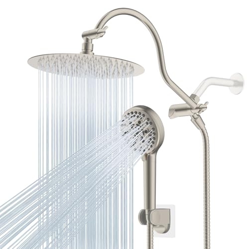 Hibbent All Metal CUPC Certified Shower Head, 10'' High Pressure Rainfall Shower Head, Handheld Showerhead Combo with 12'' Adjustable Extension Arm, 10-Spray, 71'' Hose, Shower Holder, Brushed Nickel - color: Brushed Nickel, style: Round 10''