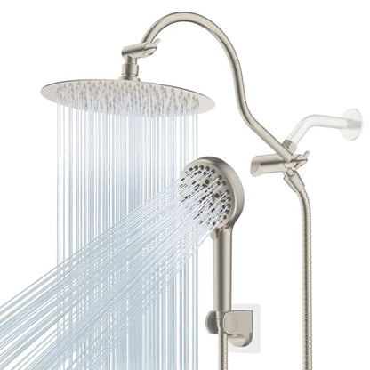 Hibbent All Metal CUPC Certified Shower Head, 10'' High Pressure Rainfall Shower Head, Handheld Showerhead Combo with 12'' Adjustable Extension Arm, 10-Spray, 71'' Hose, Shower Holder, Brushed Nickel - color: Brushed Nickel, style: Round 10''