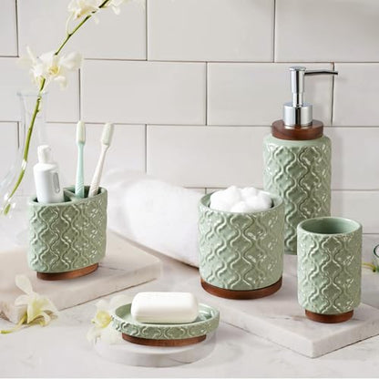 RQYIXI Elegant 5 PCS Ceramic&Wood Bathroom Accessories Set:Soap Dispenser,Toothbrush Holder,Tumbler,Soap Dish,Cotton Swab Jar,Easy to Clean,Quatrefoil Pattern,Green-Affordable Home Luxury - color: Green-5pcs