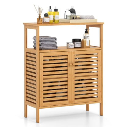 Tangkula Bamboo Floor Cabinet, Bathroom Storage Cabinet with Double Slatted Doors, Open Shelf, Removable Shelf, Storage Organizer for Bathroom Doorway Living Room Kitchen - style: Double Doors