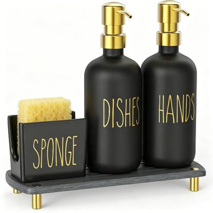 Cisily Kitchen Soap Dispenser Set Comes with Ceramics Sponge Holder, Gold Pumps, and Instant Dry Tray, Hand and Dish Soap Dispenser Set (4, Gold + Black + Sponge Holder) - color: Gold + Black + Sponge Holder
