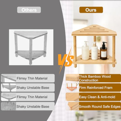 2-Tier Bamboo Corner Shower Caddy, Multifunctional Shower Stool Storage Shelf for Bathroom Kitchen Bedroom