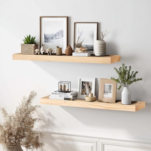 Solid Wood Floating Shelves, 36 Inch Wall Shelves, Set of 2, Wood | 8 Inch Deep, 1.6 Inch Thick, Extra-Wide Display Space, Mounting Hardware Included, For Kitchen, Bathroom and Living Room - color: Wood, size: 36x8x1.6