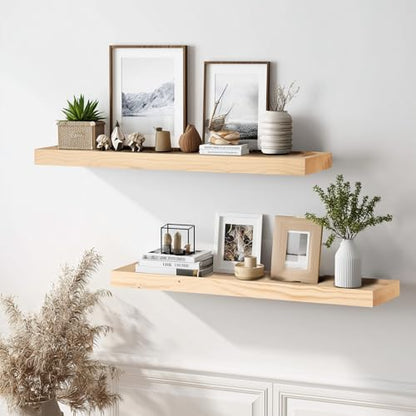 Solid Wood Floating Shelves, 36 Inch Wall Shelves, Set of 2, Wood | 8 Inch Deep, 1.6 Inch Thick, Extra-Wide Display Space, Mounting Hardware Included, For Kitchen, Bathroom and Living Room - color: Wood, size: 36x8x1.6