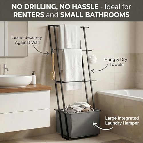 2-in-1 Leaning Blanket Ladder with Storage Basket, Matte Black Metal Towel Rack Stand, Drill-Free Space Saving Organizer for Bathroom & Bedroom Throws, 63" - color: Black With Bag
