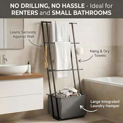 2-in-1 Leaning Blanket Ladder with Storage Basket, Matte Black Metal Towel Rack Stand, Drill-Free Space Saving Organizer for Bathroom & Bedroom Throws, 63" - color: Black With Bag