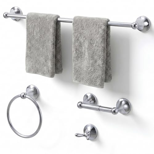 24-Inch Wall Mounted Towel Racks for Bathroom – Space Saver 4-Piece Durable Stainless Steel Bathroom Hardware Set with Towel Bar, Towel Ring, Toilet Paper Holder & Hook, Chrome