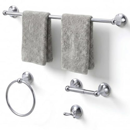 24-Inch Wall Mounted Towel Racks for Bathroom – Space Saver 4-Piece Durable Stainless Steel Bathroom Hardware Set with Towel Bar, Towel Ring, Toilet Paper Holder & Hook, Chrome