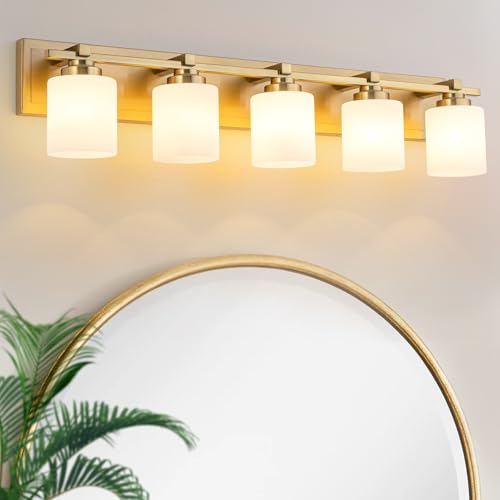 Modern Bathroom Light Fixtures Over Mirror, Vanity Lights for Bathroom Wall Sconces with Milky White Glass Shades, E26 Socket (Bulbs Not Included), 5 Light, Brass - color: Brass - Milky White Glass Shades, size: 5-Lights