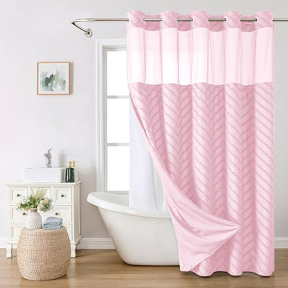 eachope No Hook Boho Farmhouse Shower Curtain with Snap-in Fabric Liner set-71Wx74H(72H),Pink Tufted Chevron Striped Hotel Grade Cloth Shower Curtains for Bathroom with Window,Water Repellent - color: Pink, size: 71"W x 74"L (Pack of 1)