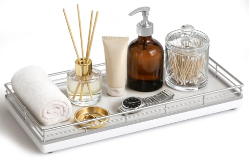 Bathroom Vanity Tray for Countertop, 12" x 6" Oak Wood Toilet Tank Tray | Metal Guardrail, Bathroom Organizer for Soap, Perfume & Skincare, Non-Slip Decorative Tray for Dresser, Silver & White - color: Silver, size: 12" x 6" x 1.5"